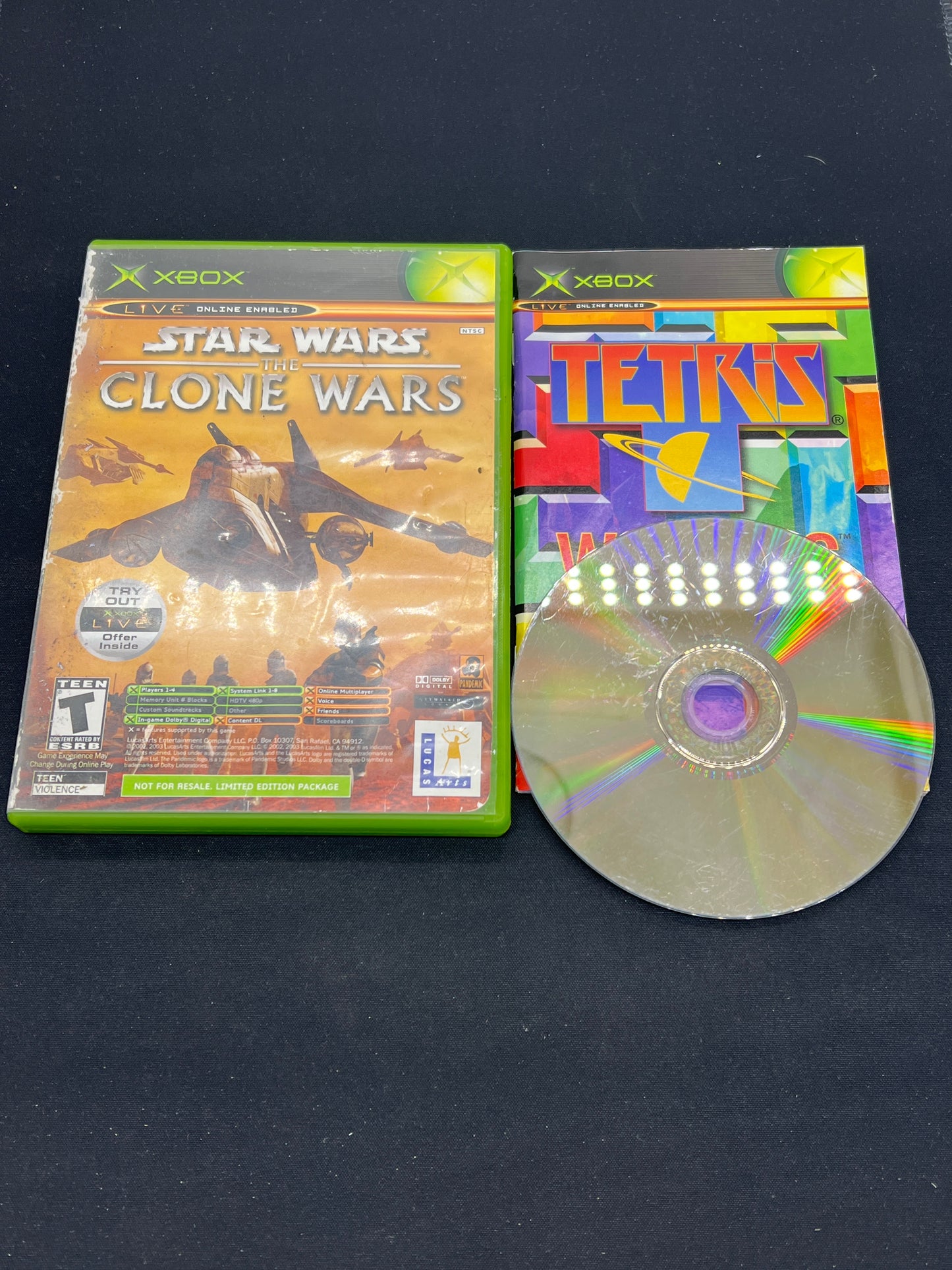 Auction Lot 41: XBOX Video Game Star Wars Clone Wars/ Tetris World 2 Pack CIB