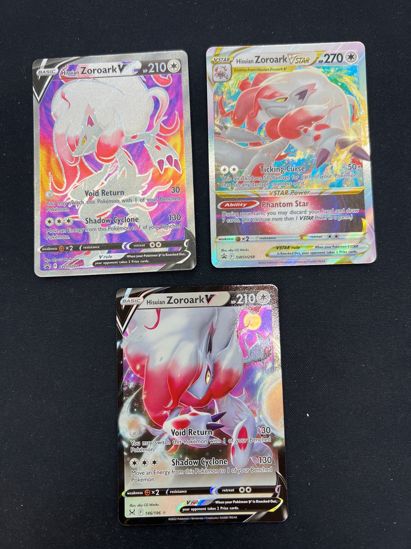 Auction Lot 309: Pokemon Cards Assorted Lot of 3 Hisuian Zoroark V Full Art Conditions Vary