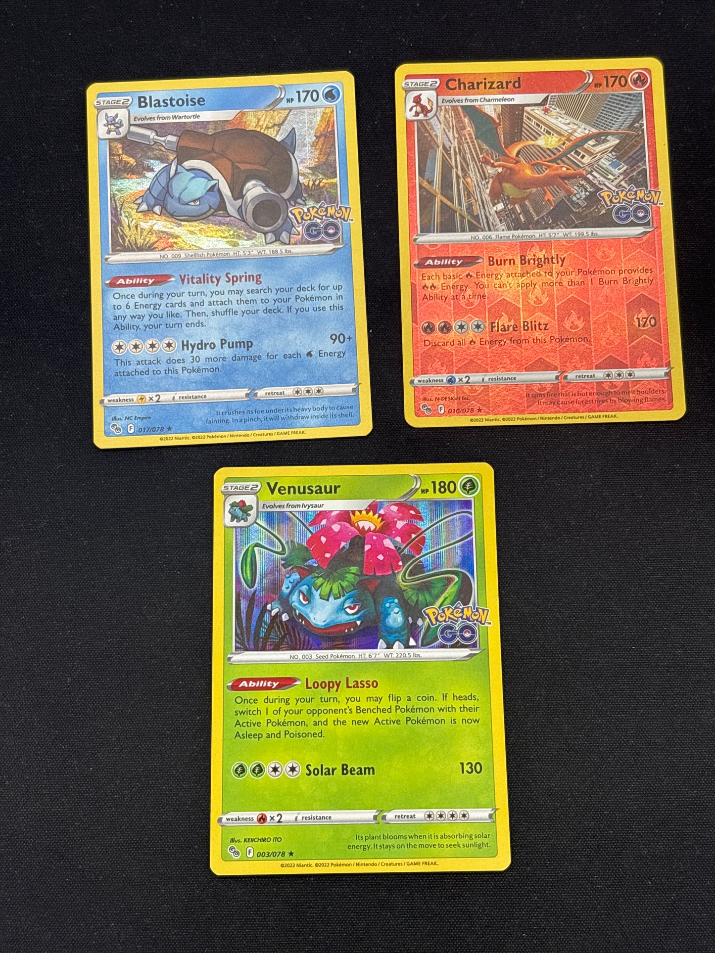 Auction Lot 55: Pokemon Cards Lot of 3 Blastoise Charizard Venusaur Holo Stamped Pokemon GO Conditions Vary