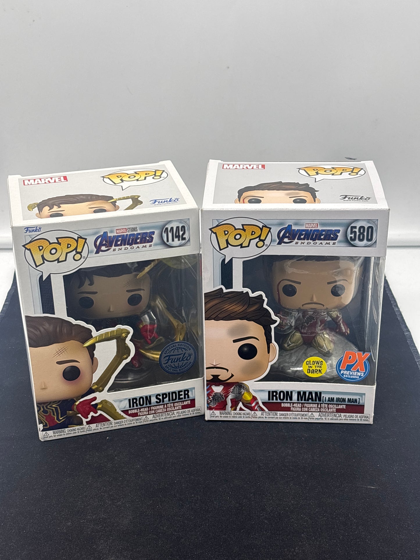 Auction Lot 38: POP Funko Marvel Studios Avengers Endgame PX Glow in the Dark Iron Man Iron Spider 1142 580 Figures