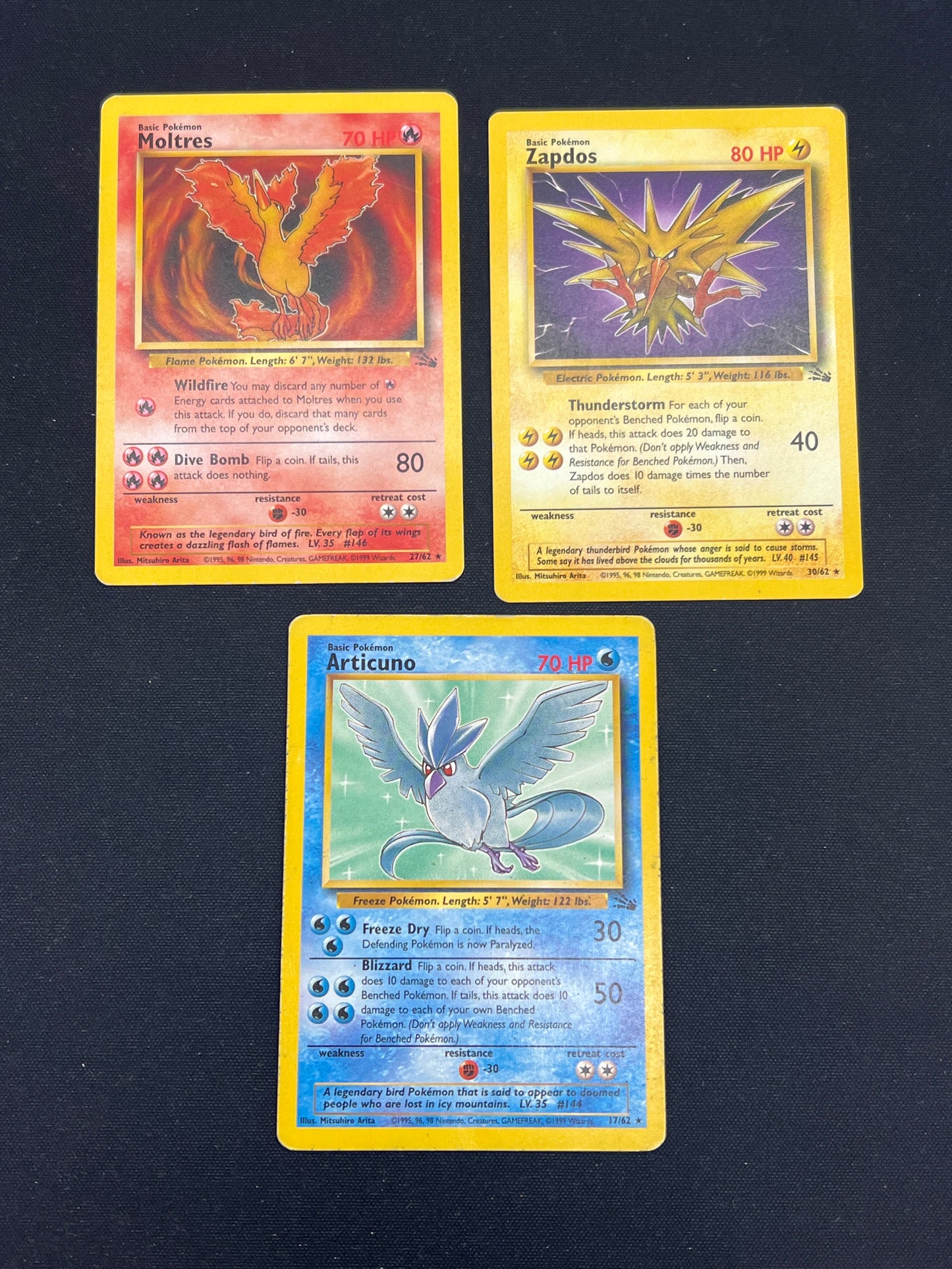 Auction Lot 286: Pokemon Cards Assorted Lot of 3 Moltres Articuno Zapdos Fossil Unlimited Non Holos Conditions Vary