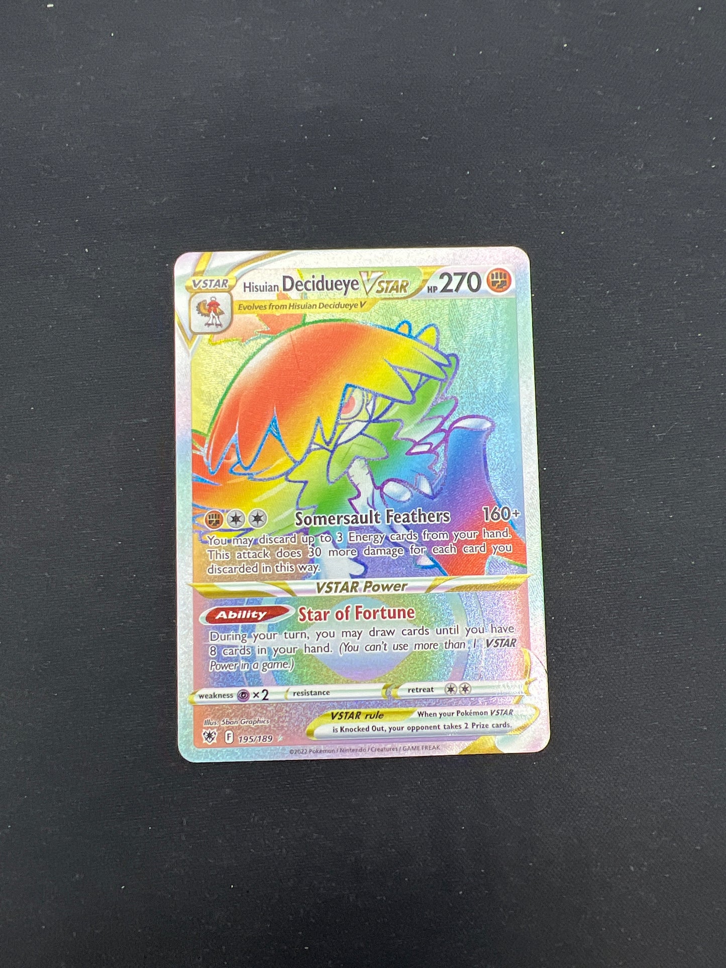 Auction Lot 192: Pokemon Cards Hisuian Decidueye VSTAR Rainbow Rare Condition Vary