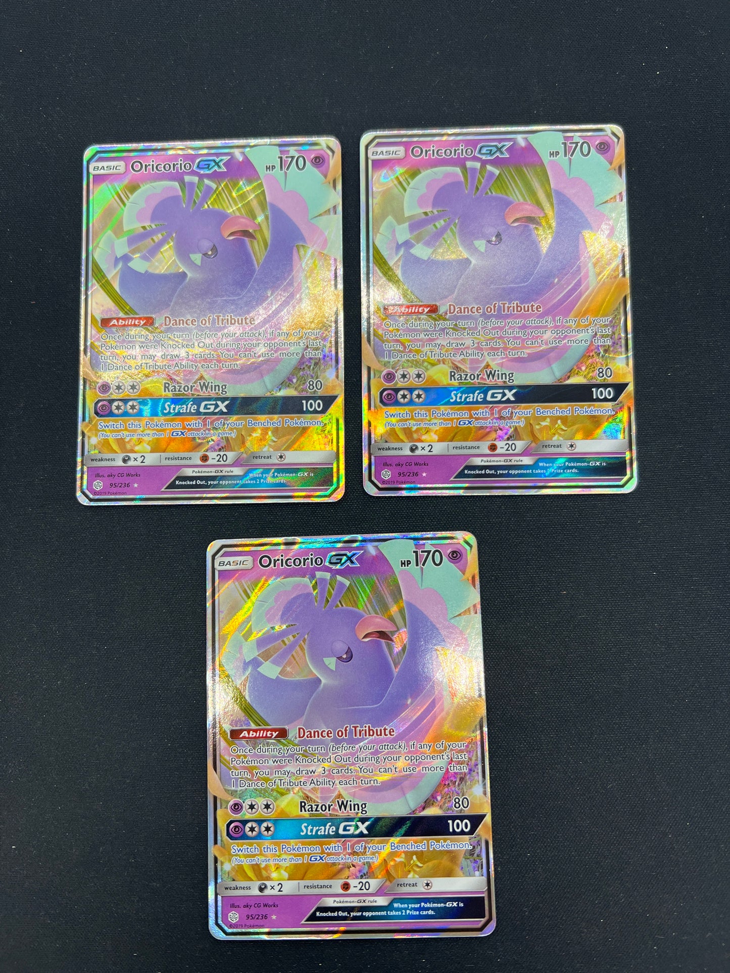 Auction Lot 125: Pokemon Cards Lot of 3 Oricorio GX Ultra Rares SM Cosmic Eclipse Conditions Vary