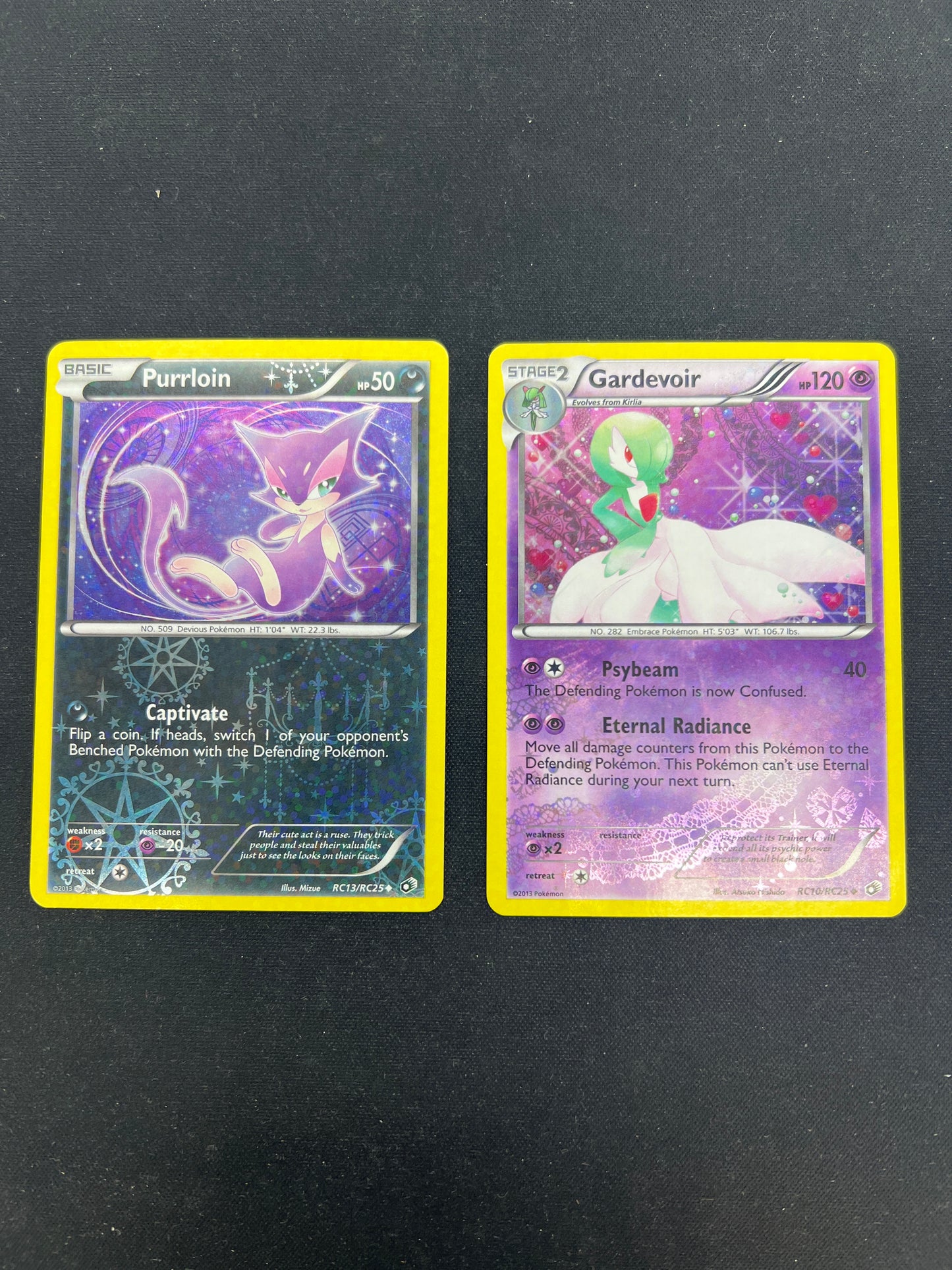 Auction Lot 232: Pokemon Cards Purrloin and Gardevoir Radiant Collection Holos Conditions Vary