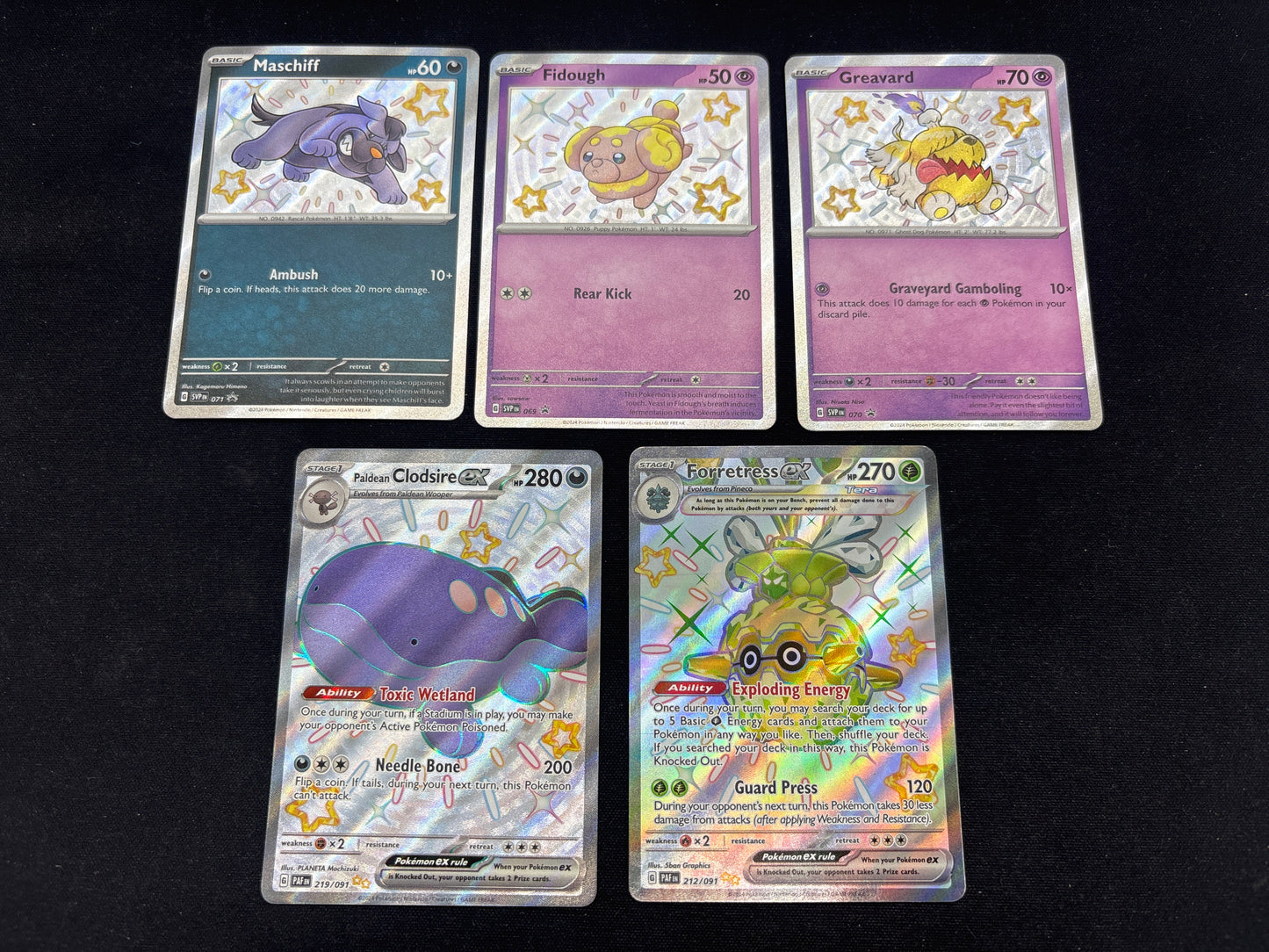 Auction Lot 159: Pokemon Cards Lot of 5 Baby Shiny Promos and EX Full Arts Paldean Fates Conditions Vary