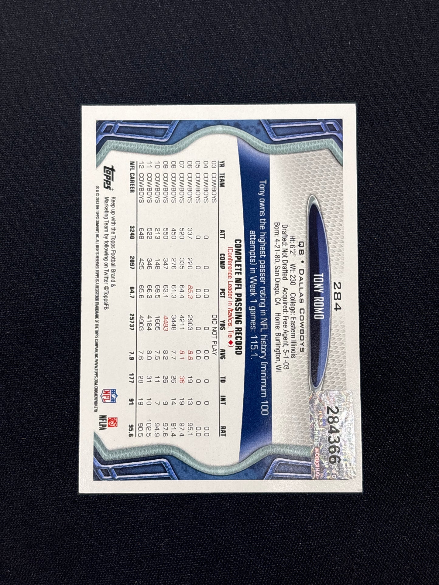 Auction Lot 277: Topps Tony Romo On Card Autograph Signed Card Conditions Vary