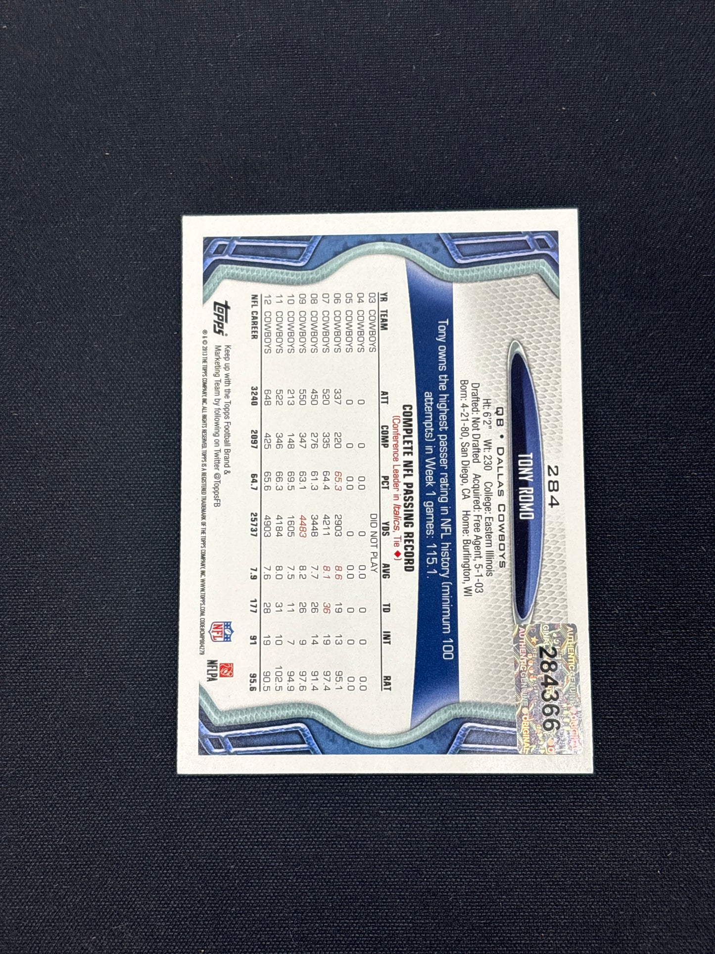 Auction Lot 123: Signed Tony Romo On Card Autograph Card Conditions Vary
