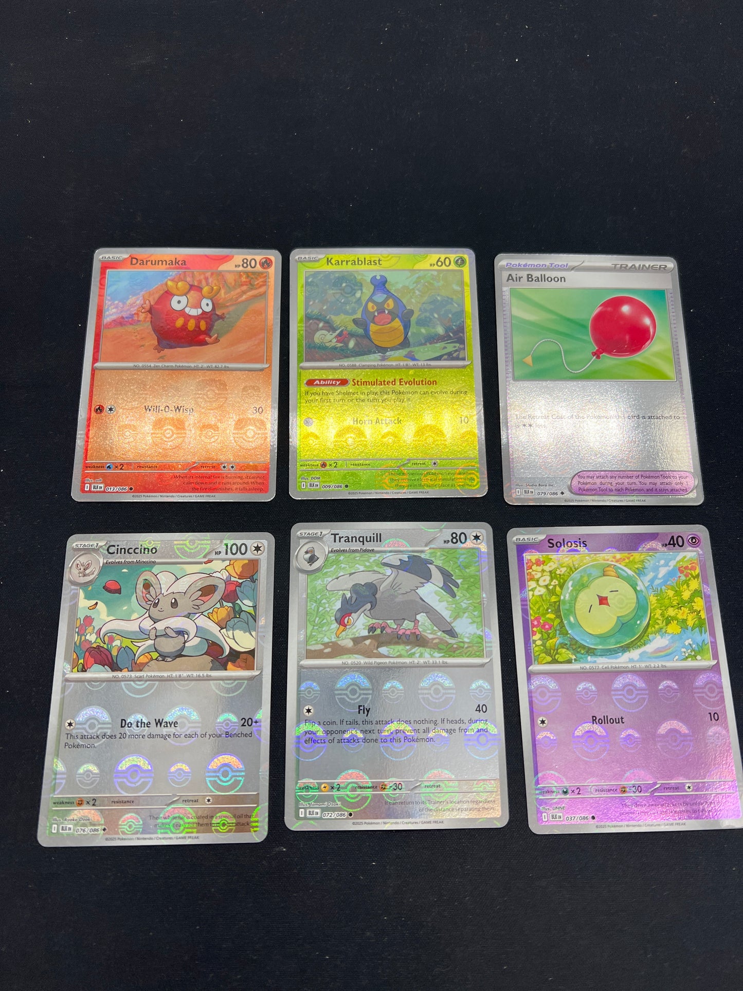 Auction Lot 92: Pokemon Cards Lot of 6 Pokeball Holos SV Black Bolt White Flare Darumaka Masterball Holo Conditions Vary