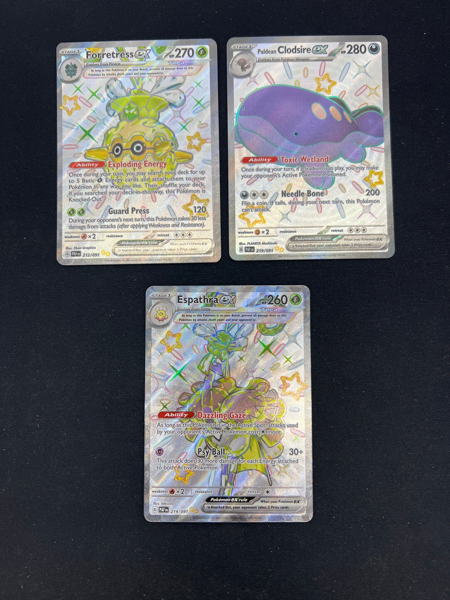Auction Lot 195: Pokemon Cards Lot of 3 Assorted Shiny Full Arts EX SV Paldean Fates Conditions Vary