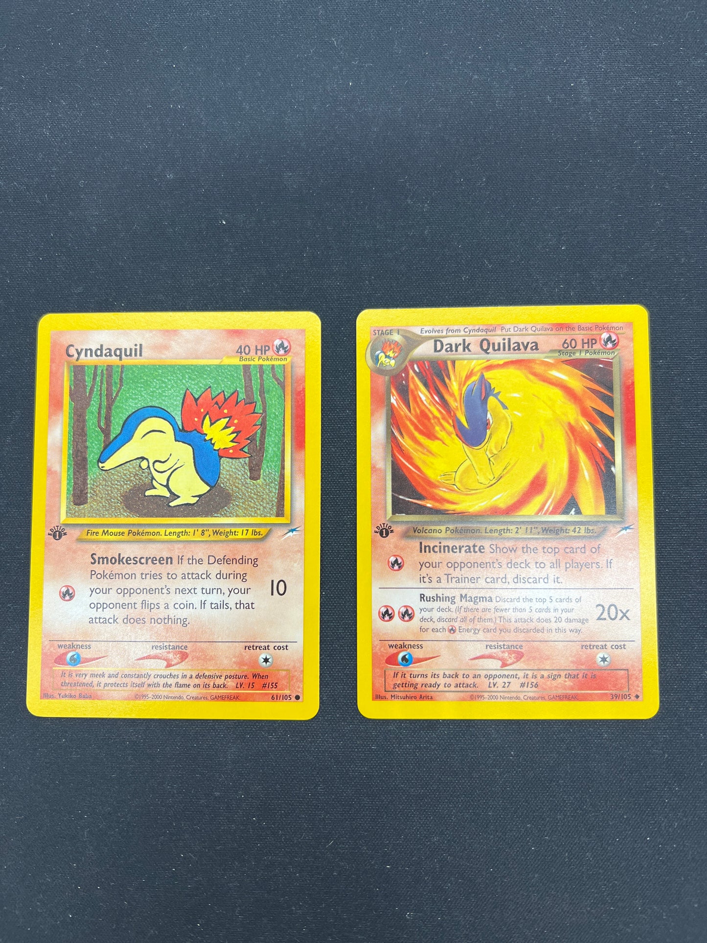 Auction Lot 36: Pokemon Cards Cyndaquil & Dark Quilava 1st Edition Neo Discovery Conditions Vary