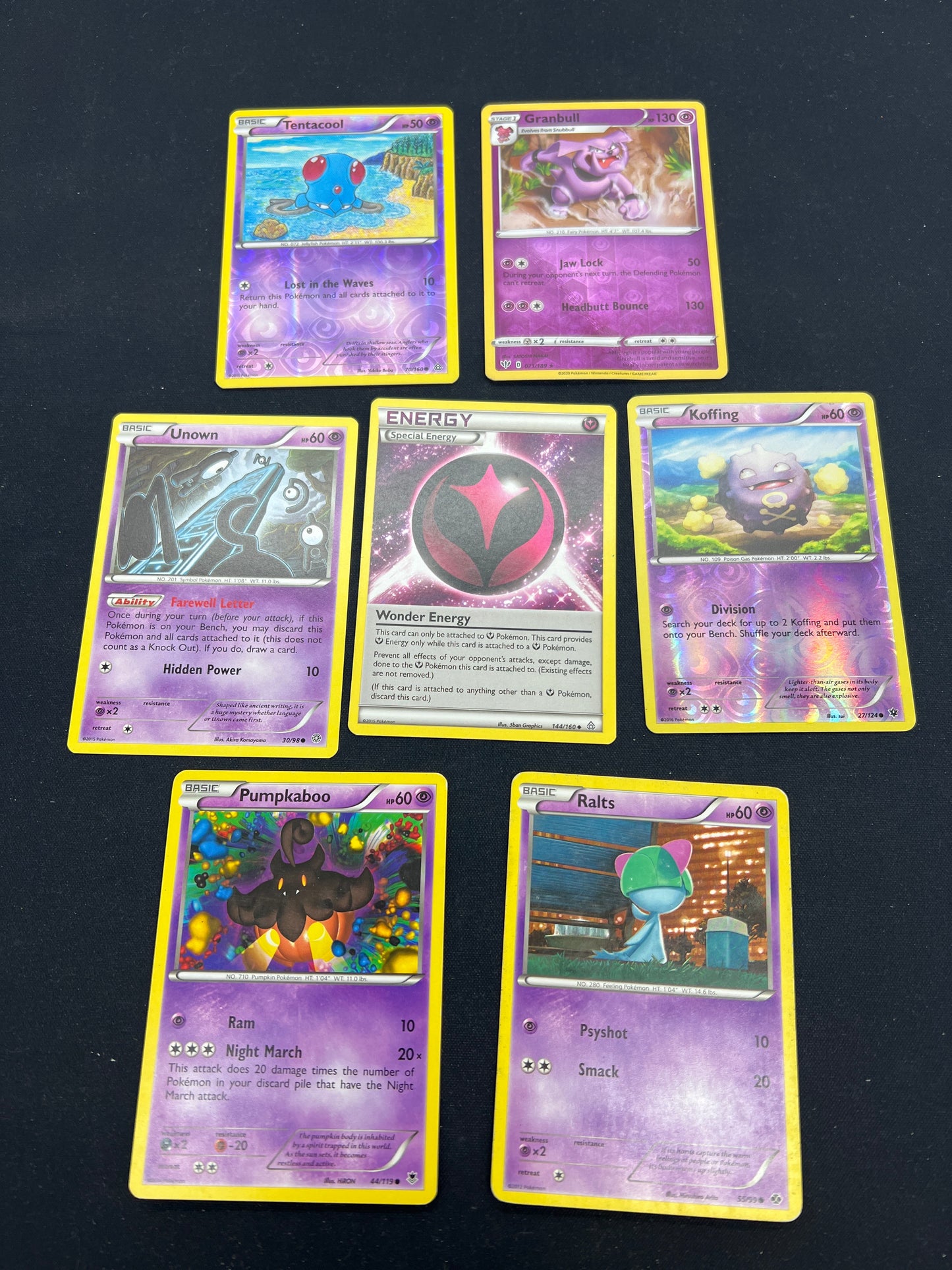 Auction Lot 135: Pokemon Cards Lot of 7 Psychic Holos Commons Uncommons Conditions Vary