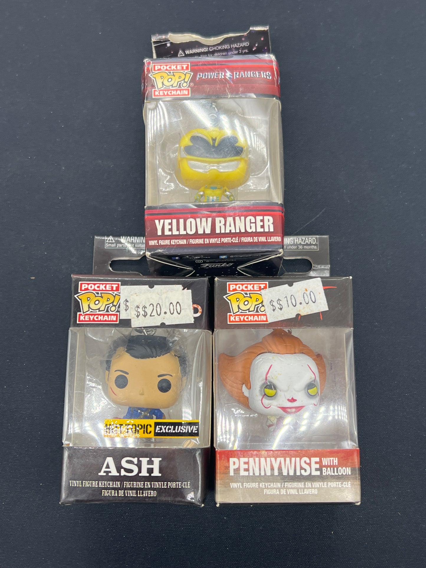 Auction Lot 171: Funko POP Keychains Yellow Ranger, Ash & Pennywise