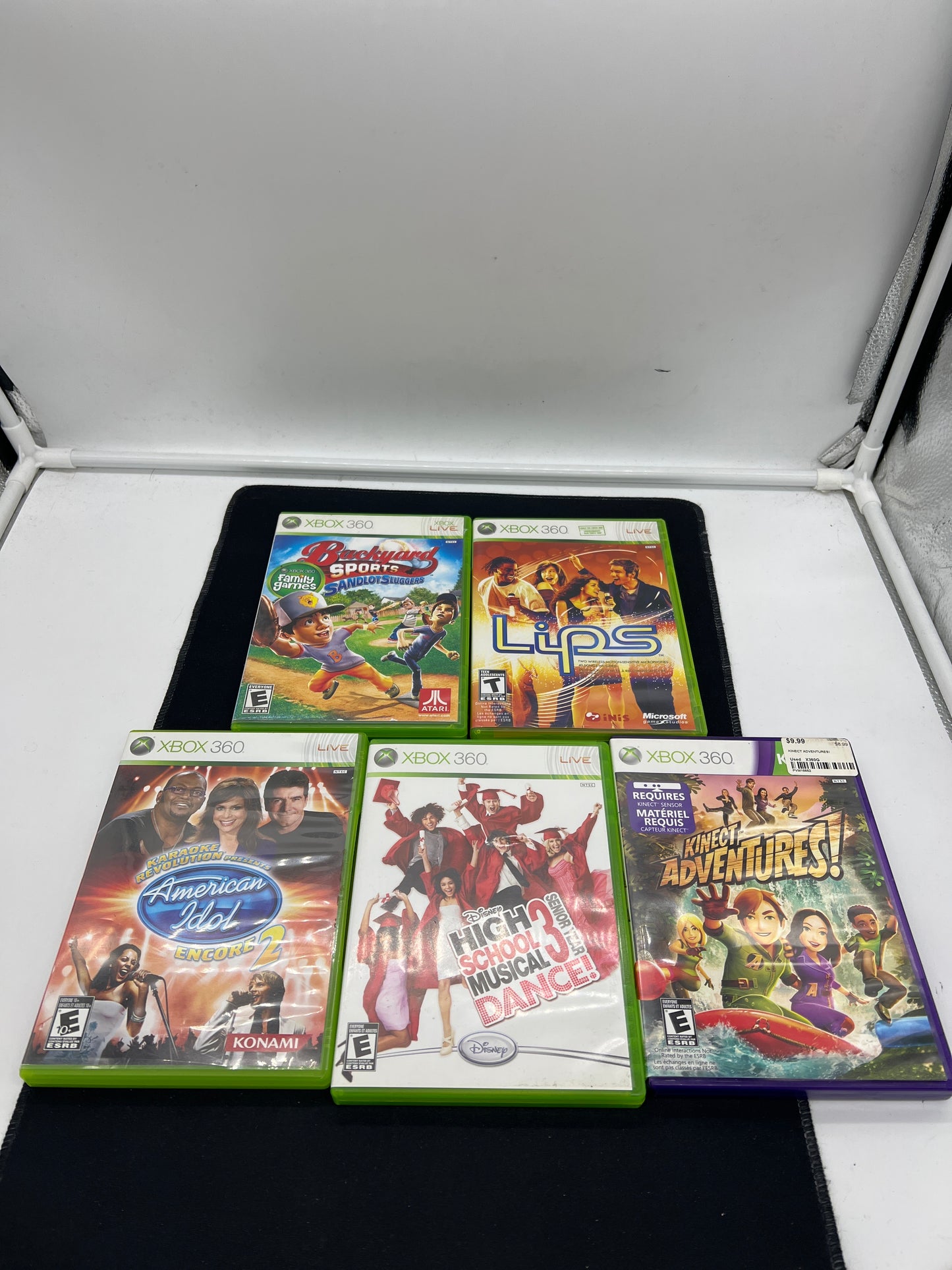 Auction Lot 156: XBOX 360 Video Game Lot of 5 Assorted Titles Lips Kinect Adventures Backyard Sports HSM 3 American Idol