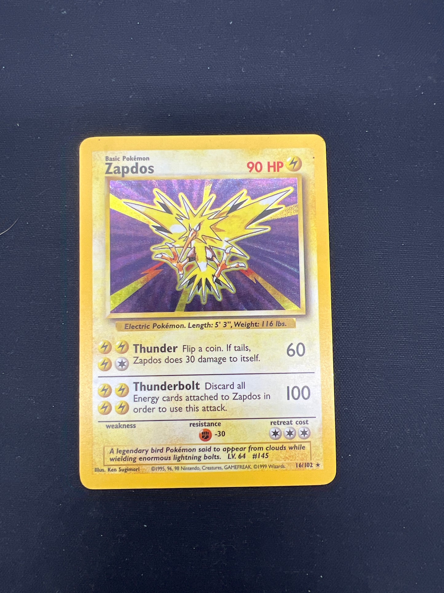 Auction Lot 195: Pokemon Card Zapdos Base Set Holo Condition Vary