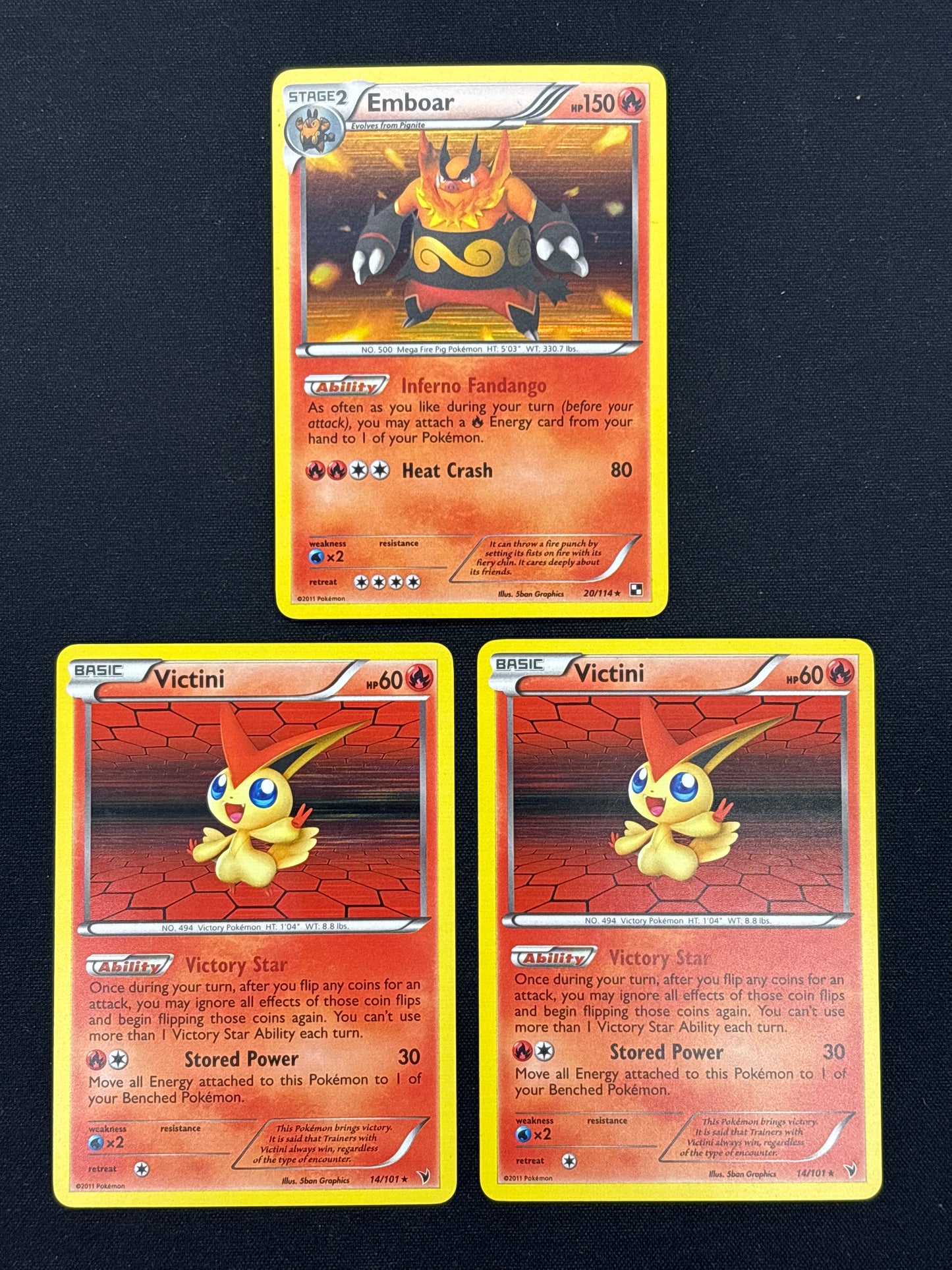 Auction Lot 27: Pokemon Cards Lot of 3 Emboar & Victini BW Holo Conditions Vary