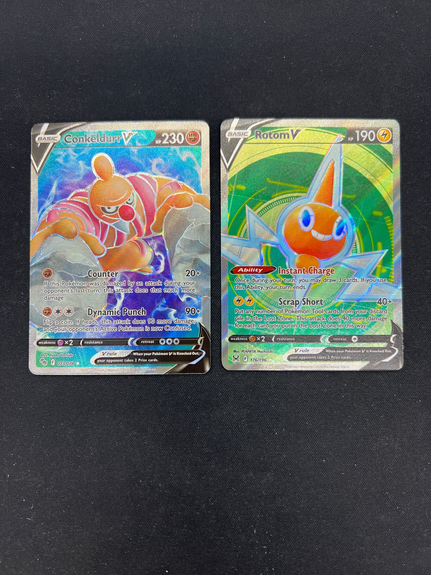 Auction Lot 193: Pokemon Cards Conkeldurr V & Rotom V Full Art SWSH Conditions Vary