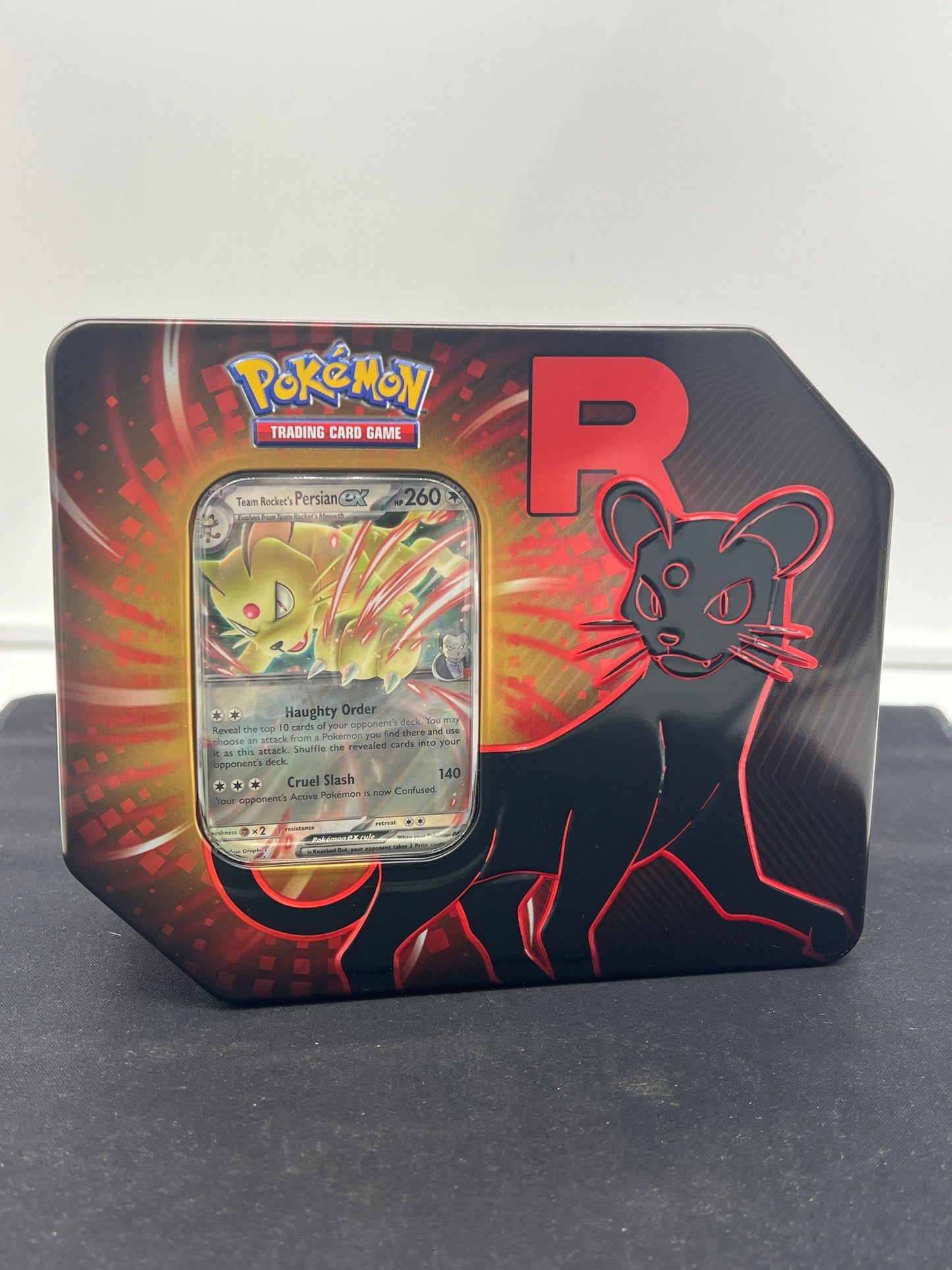 Auction Lot 421: Pokémon Destined Rivals EMPTY Team Rockets Persian Tin with Promo Card