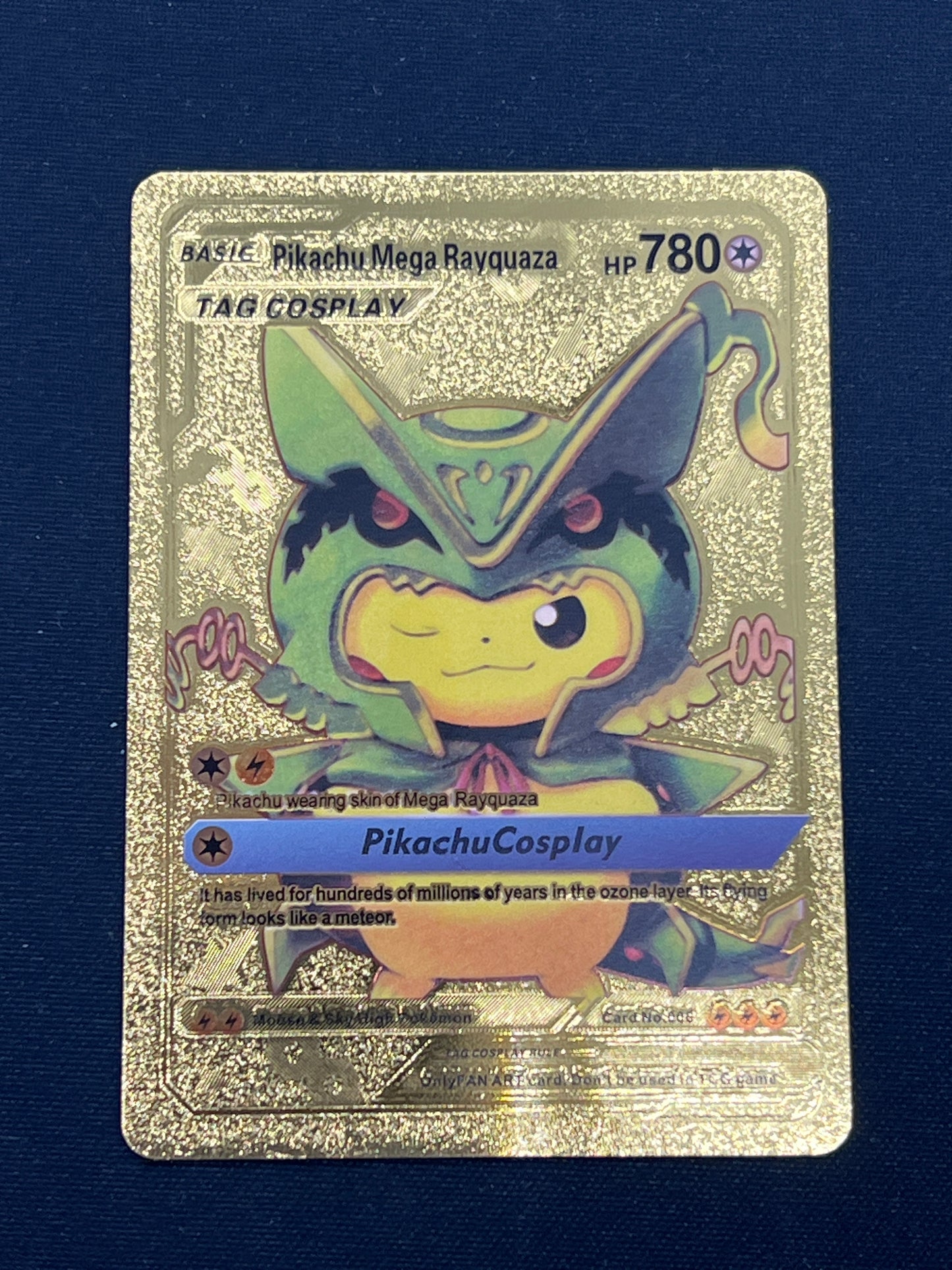 Auction Lot 154: Pokemon Card CUSTOM Gold Mega Rayquaza Pikachu Poncho Conditions Vary