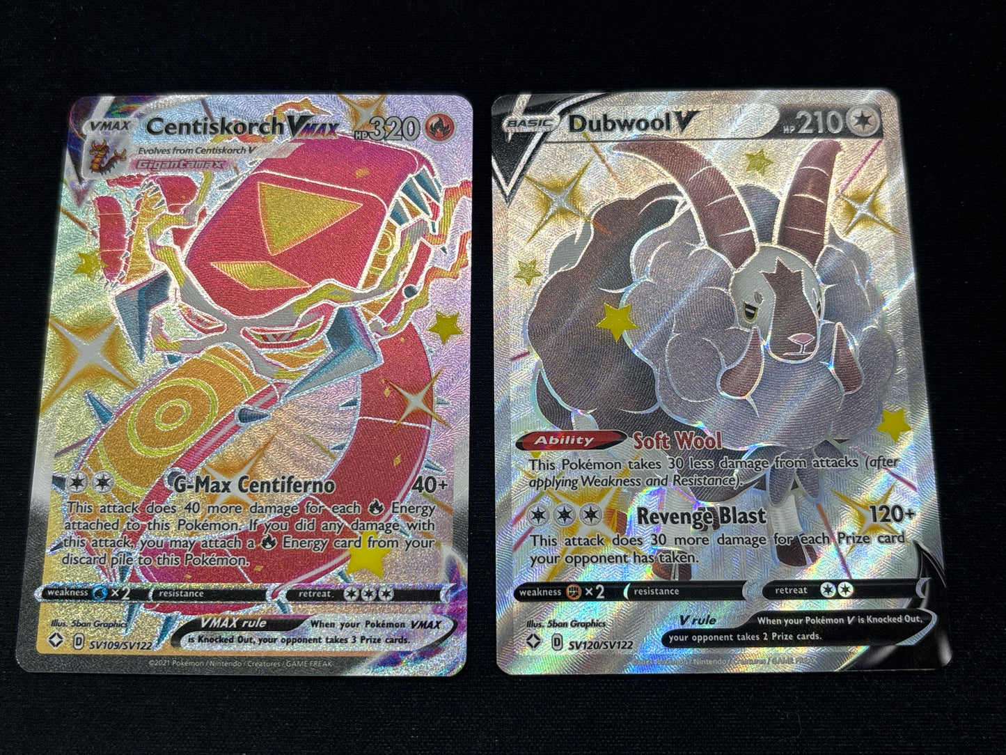 Auction Lot 155: Pokemon Cards Lot of 2 Shining Fates Full Arts Centiskorch VMAX Dubwool V Condition Vary
