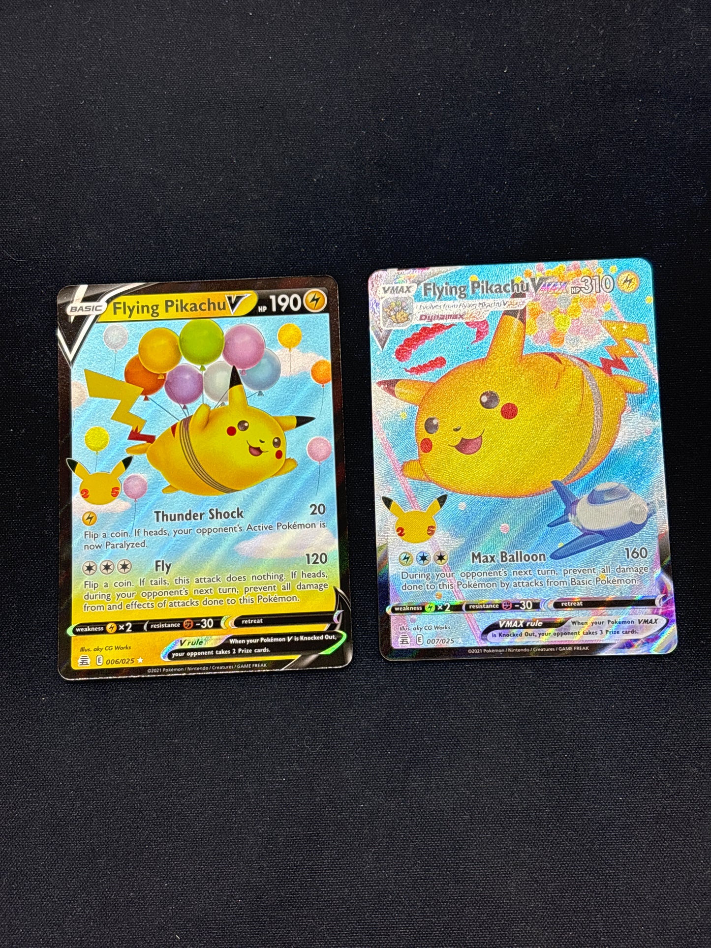 Auction Lot 37: Pokemon Cards Flying Pikachu V & Flying Pikachu VMAX Celebrations Conditions Vary