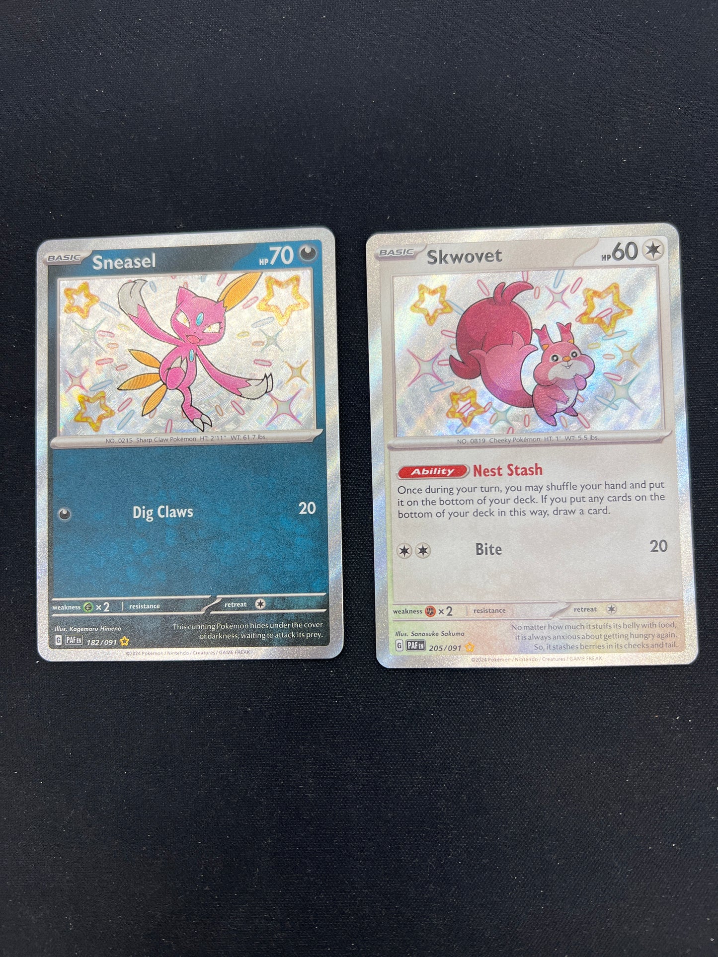 Auction Lot 362: Pokemon Cards Sneasel & Skwovet Baby Shinies SV Paldean Fates Conditions Vary