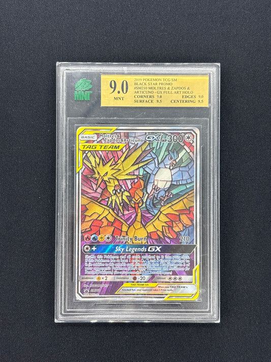 Auction Lot 105: MNT 9 Hidden Fates ETB Promo Moltres Articuno Zapdos GX Stained Glass