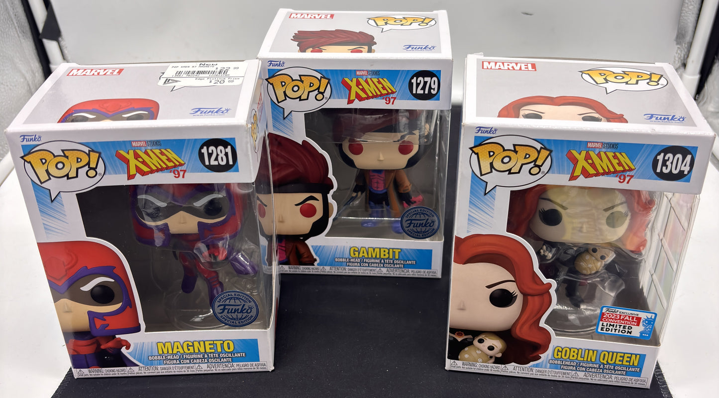 Auction Lot 36: POP Funko Special Edition Marvel X-Men '97 Magneto Gambit Goblin Queen 1281 1279 1304 Figures