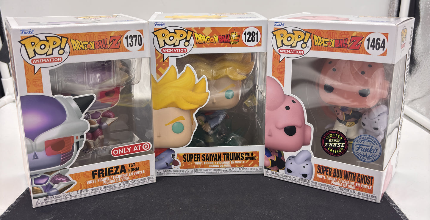 Auction Lot 45: POP Funko Dragon Ball Z Special Edition Glow Chase Freiza Trunks Buu 1370 1281 1464