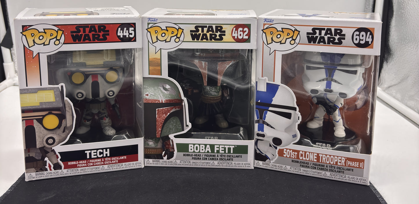 Auction Lot 48: POP Funko Star Wars Assorted Boba Fett Clone Trooper Tech 445 462 694 Figures