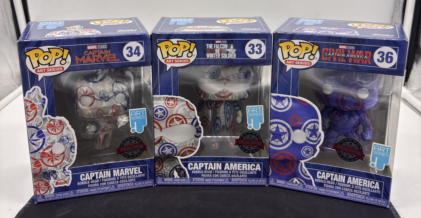 Auction Lot 39: POP Funko Marvel Assorted Art Series Captain America Captain Marvel 33 34 36 Figures