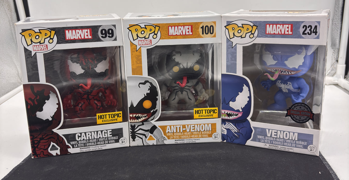 Auction Lot 72: POP Funko Marvel Lot of 3 Special Edition Venom Anti Venom Carnage 99 100 234 Figures