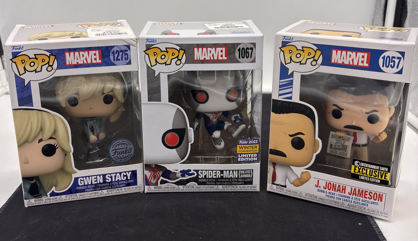 Auction Lot 89: POP Funko Marvel Special Edition Spider-Man Jonah Jameson Gwen Stacy 1067 1275 1057 Figures
